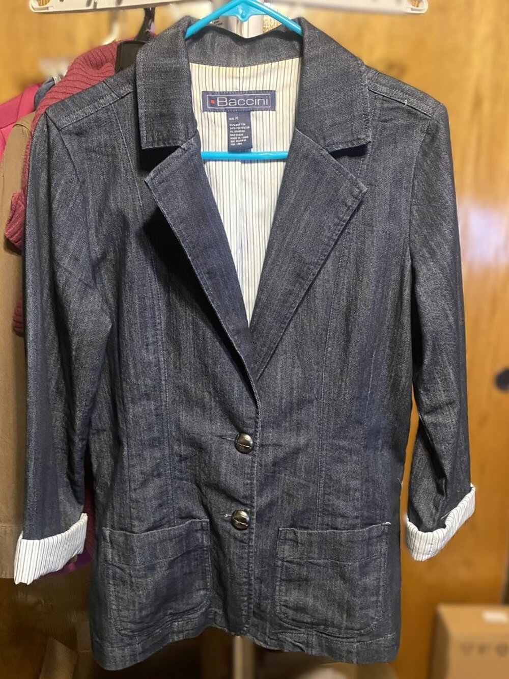 Baccini Women’s Denim Blazer Jacket Size M 3/4 Sleeve Lined Stretch